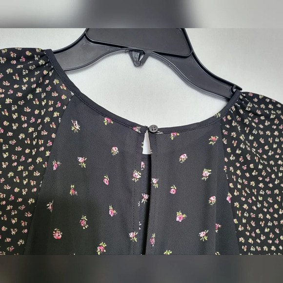 Gap Womens Black Pink Floral Short Flutter Sleeve Boho Chiffon Career Blouse XS‎ - Picture 3 of 4